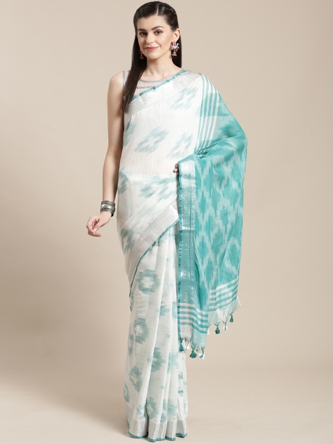 

Kalakari India White & Green Linen Handwoven Ikat Saree