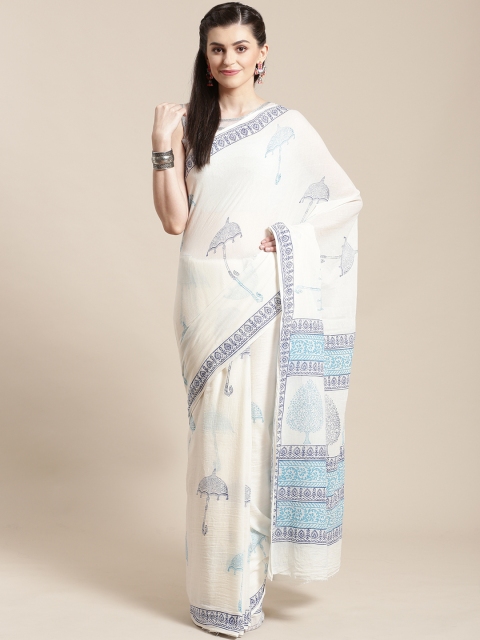 

Kalakari India White & Blue Kalamkari Print Handloom Saree