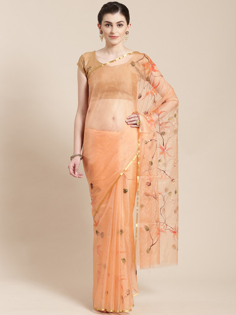 

Kalakari India Peach-Coloured Organza Hand Painted Handloom Sustainable Saree
