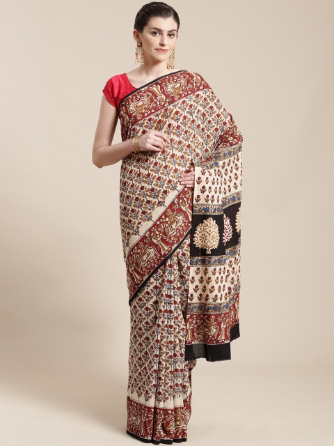 

Kalakari India Off-White & Rust Red Handblock Print Handloom Bagru Saree