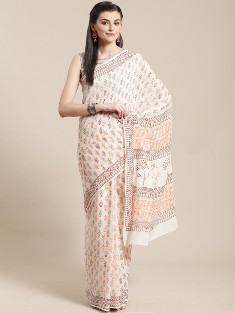

Kalakari India Off-White & Orange Block Print Handloom Saree