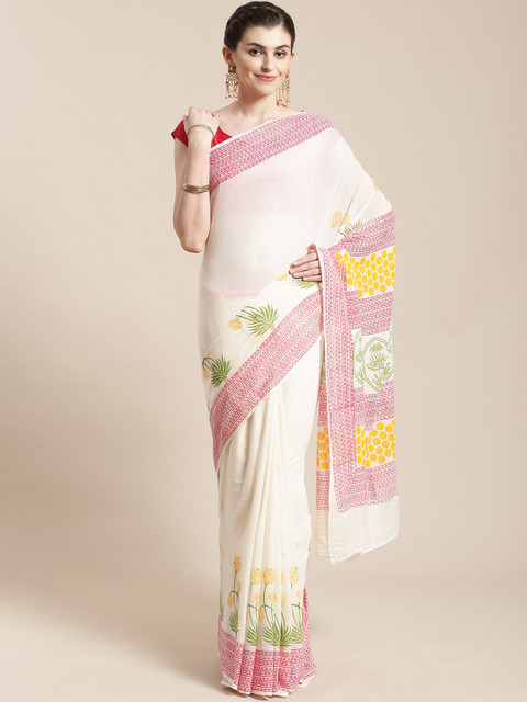 

Kalakari India White & Green Solid Block Print Handloom Saree