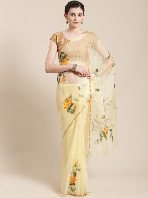 

Kalakari India Yellow & Green Floral Hand Painted Handloom Saree