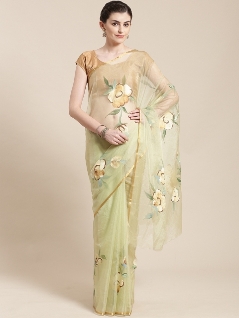 

Kalakari India Lime Green & Brown Floral Hand Painted Handloom Sustainable Saree