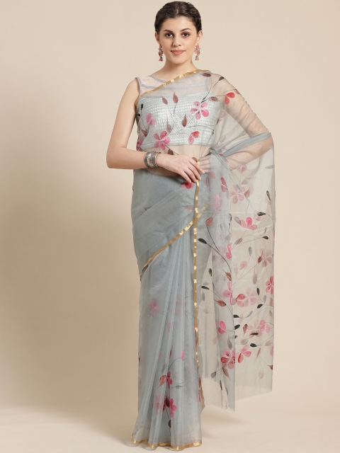 

Kalakari India Grey & Pink Floral Hand Painted Saree