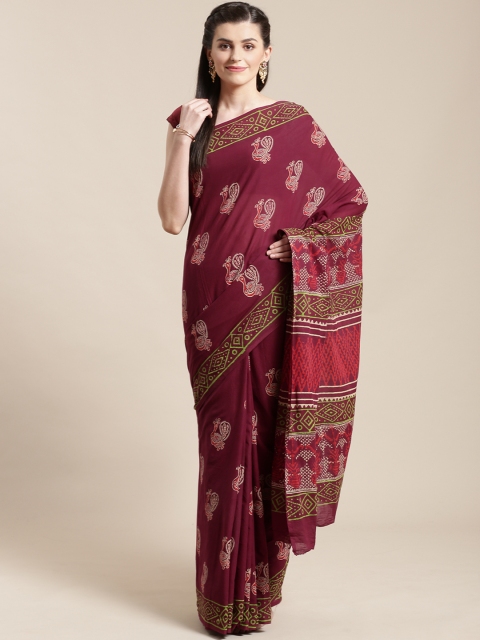 

Kalakari India Burgundy Handblock Print Handloom Saree