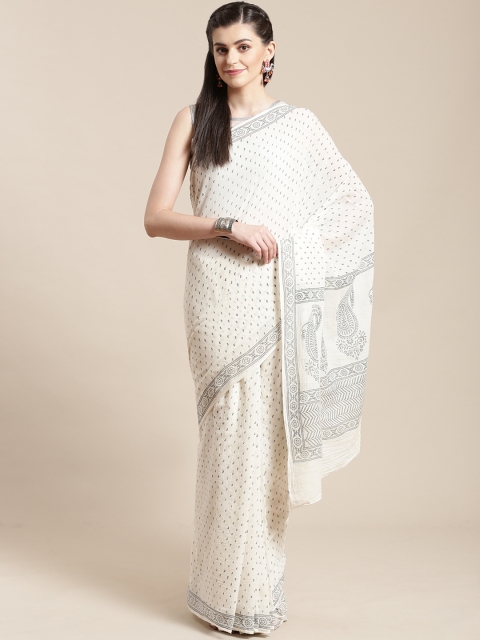 

Kalakari India White & Grey Pure Cotton Hand Block Print Saree