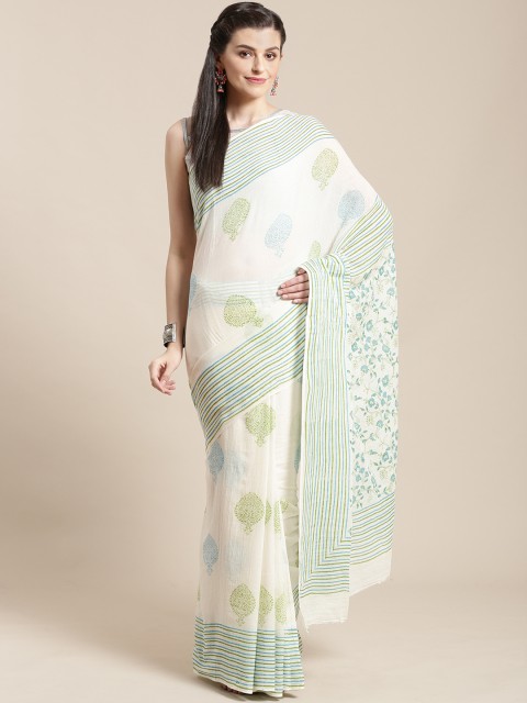 

Kalakari India Off-White & Blue Pure Cotton Hand Block Print Saree