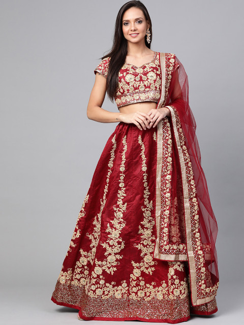 

SHOPGARB Maroon Embroidered Semi-Stitched Lehenga & Unstitched Blouse with Dupatta