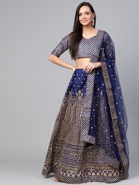 

SHOPGARB Navy Blue Embroidered Semi-Stitched Lehenga & Unstitched Blouse with Dupatta