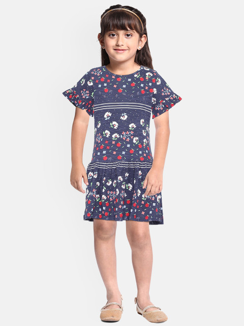 

YK Girls Navy Blue & Red Floral Print A-Line Dress