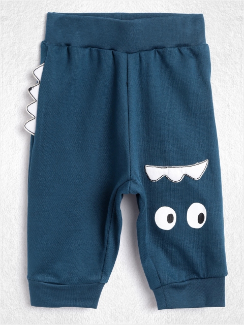 

YK Organic Infant Boys Cotton Teal Blue & White Solid Trouser with Print & Applique Detail