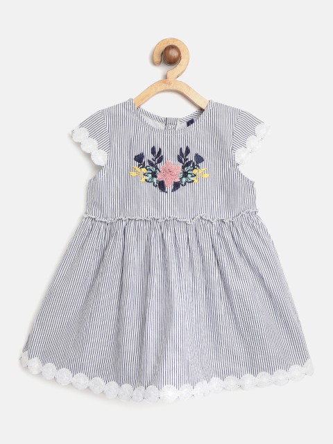 

YK Girls Navy Blue & White Striped A-Line Dress with Floral Embroidery