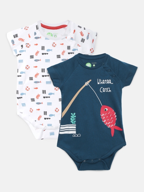 

YK Organic Infant Boys Pack Of 2 White & Navy Blue Printed Cotton sustainable Bodysuits