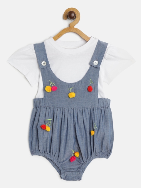 

YK Girls White & Blue Solid T-shirt with Pom-Pom Detail Bodysuit