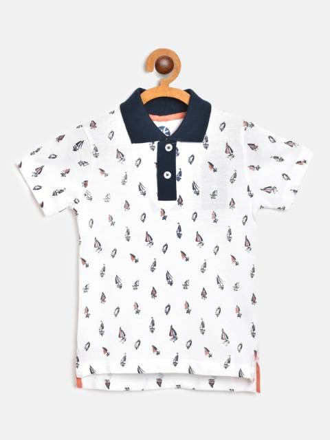 

YK Boys White & Navy Blue Nautical Print Cotton Polo Collar T-shirt