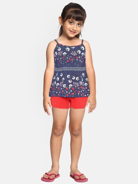 

YK Girls Navy Blue & Red Floral Print Top with Shorts