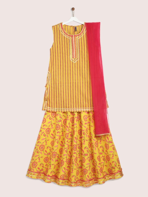 

YK Girls Mustard Yellow & Pink Printed Kurta with Skirt & Dupatta