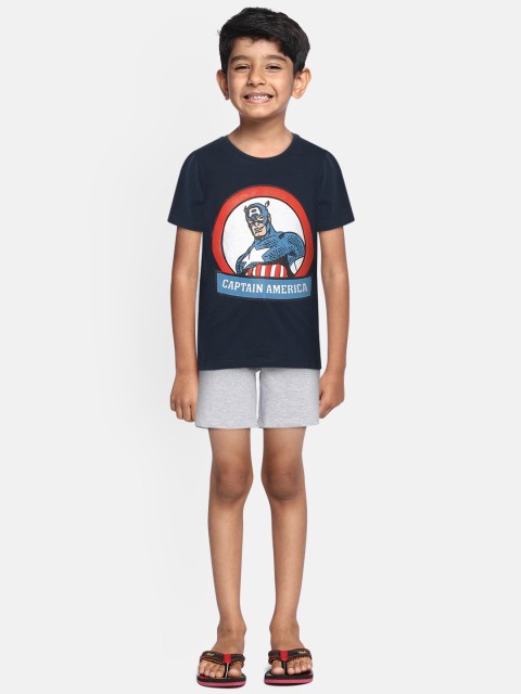 

YK Marvel Boys Navy Blue & Grey Melange Captain America Print T-shirt with Solid Shorts