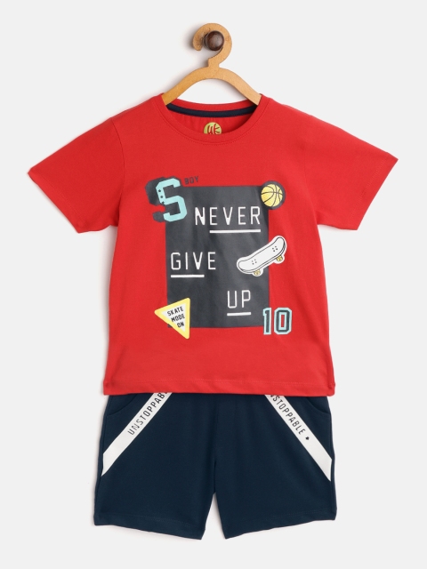 

YK Boys Red & Navy Blue Typography Print T-shirt with Shorts
