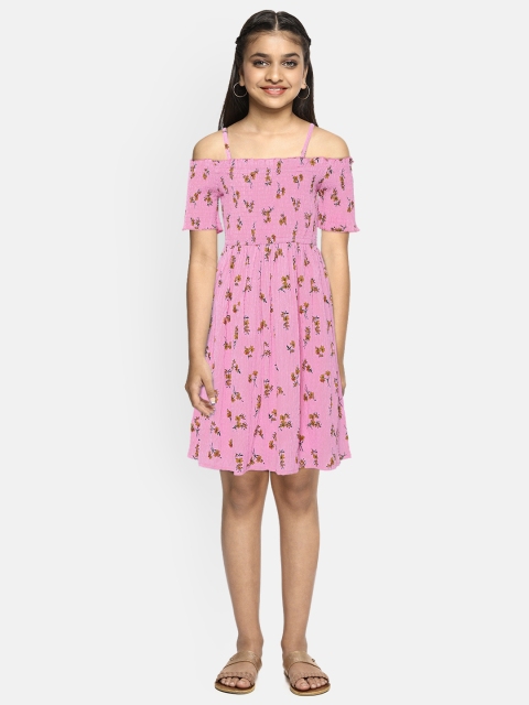 

YK Girls Pink Floral Print Smocked Fit & Flare Dress