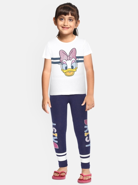 

YK Girls White & Navy Blue Daisy Print T-shirt with Pyjamas