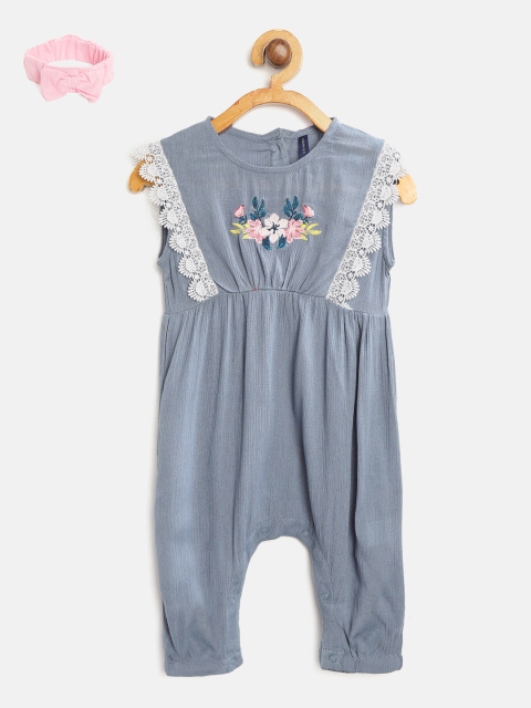 

YK Girls Navy Blue Floral Embroidery & Lace Detail Rompers with Hairband