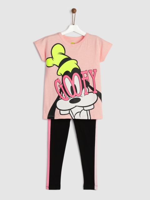

YK Girls Peach-Coloured Goofy Printed T-shirt with Black Leggings