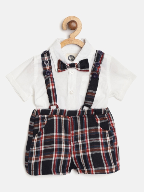 

YK Boys White & Blue Solid Shirt & Shorts With Suspenders & Bow Tie