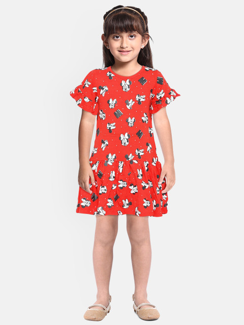 

YK Girls Red & White Minnie Mouse Print Drop-Waist Dress