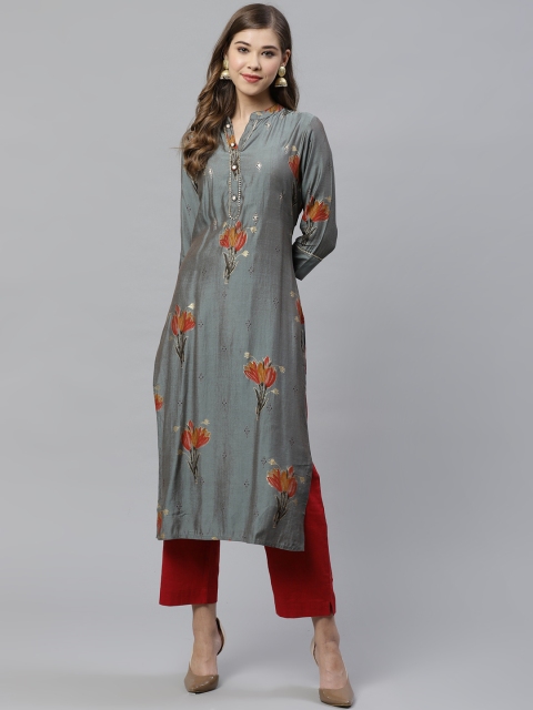 

Divena Women Grey & Orange Satin Finish Floral Print Straight Kurta