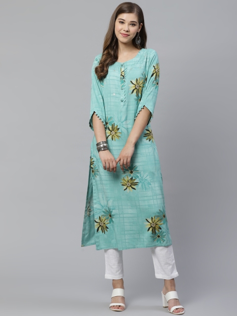 

Divena Women Blue & Yellow Floral Print Straight Kurta