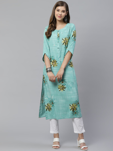 

Divena Women Turquoise Blue & Yellow Floral Print Straight Kurta