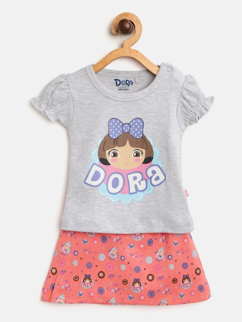 

Moms Love Girls Grey Melange & Coral Pink Dora Print Top with Skirt