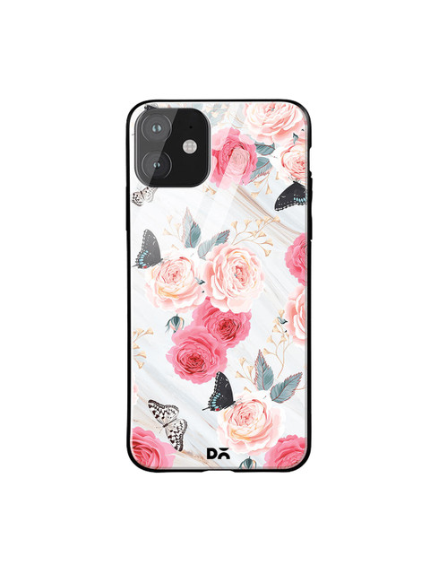 

DailyObjects Off-White & Pink Flowers Marble iPhone 11 Glass Case Cover