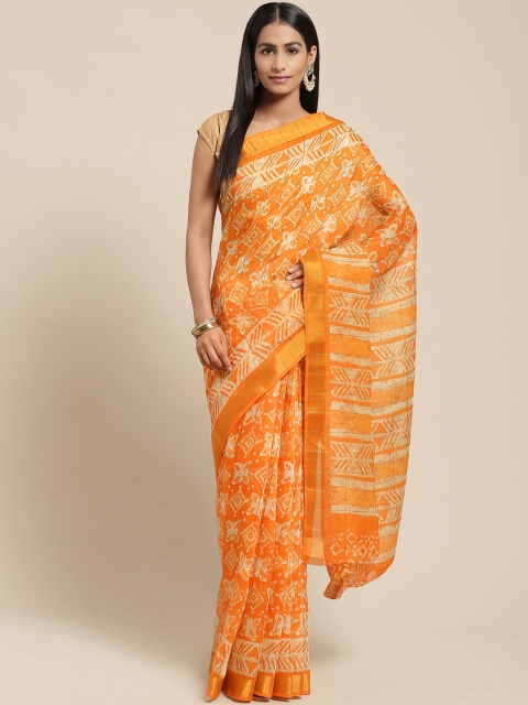 

Vaamsi Orange & Off-White Zari Batik Printed Chanderi Saree