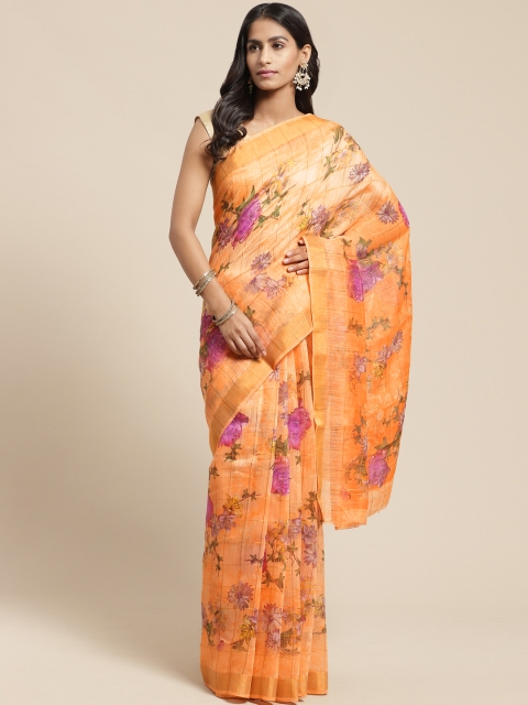 

Vaamsi Orange & Lavender Zari Floral Printed Chanderi Saree