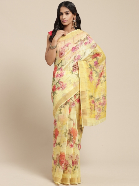 

Vaamsi Yellow & Pink Floral Print Chanderi Saree