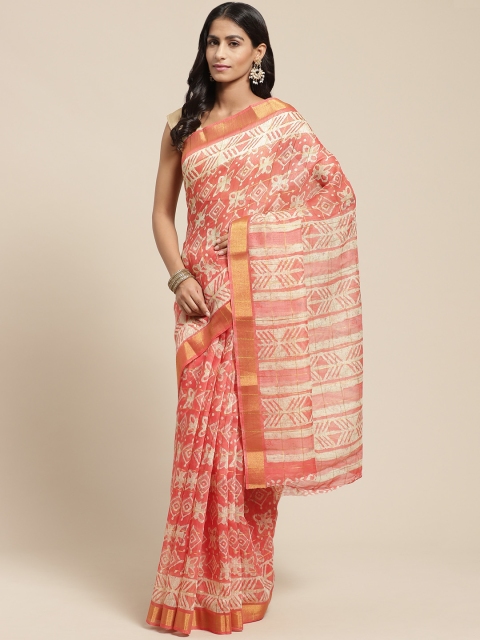 

Vaamsi Coral Red & Beige Batik Print Chanderi Saree