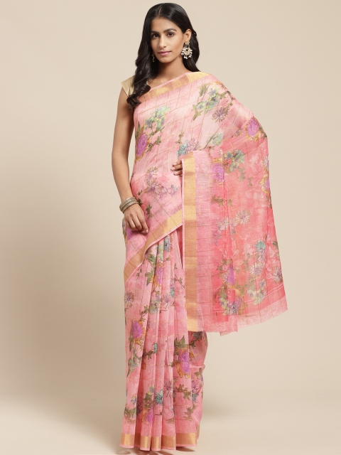 

Vaamsi Pink Floral Print Chanderi Saree