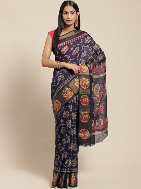 

Vaamsi Navy Blue & Beige Printed Chanderi Saree