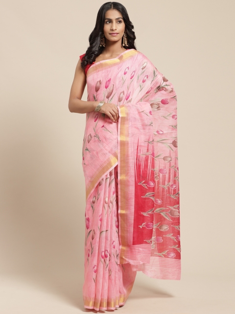 

Vaamsi Pink Floral Print Chanderi Saree