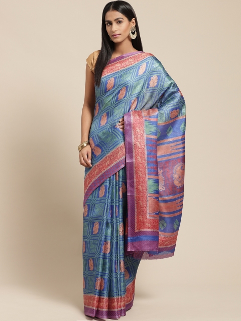 

Vaamsi Blue & Red Printed Bhagalpuri Saree