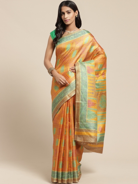 

Vaamsi Mustard & Green Printed Bhagalpuri Saree