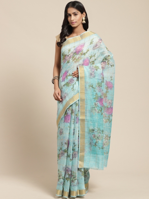 

Vaamsi Blue & Pink Floral Print Chanderi Saree