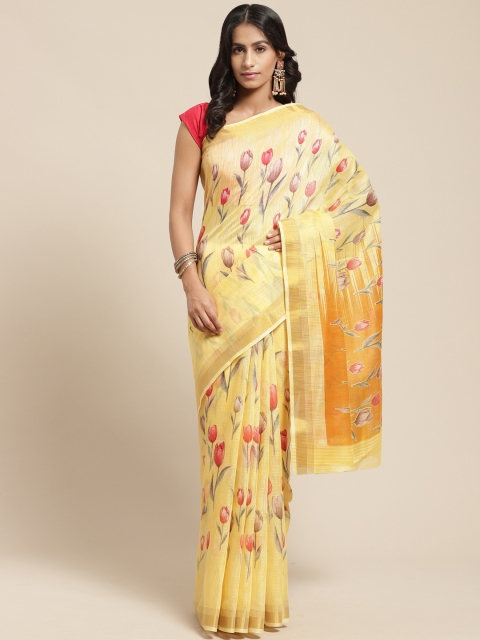 

Vaamsi Yellow Floral Print Chanderi Saree