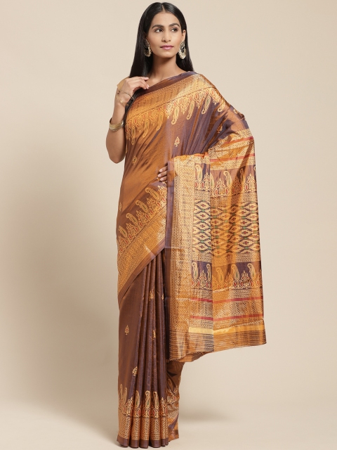 

Vaamsi Brown Dual-Toned & Beige Printed Tussar Saree