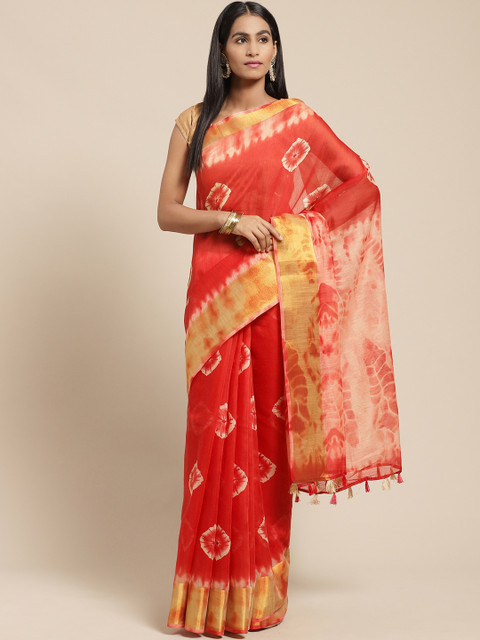 

Vaamsi Red & Off-White Tie-Dye Printed Chanderi Saree