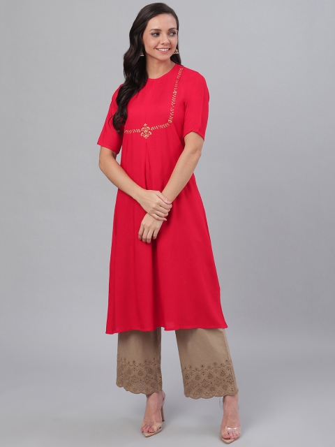 

SIAH Women Coral Red Solid A-Line Kurta With Foil Print Detail