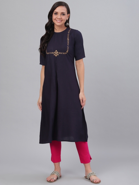 

SIAH Women Navy Blue Solid A-Line Kurta With Foil Print Detail